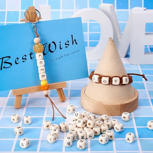 100 st. Natuurlijke houten brief kralen 10mm grote gat kubus spacer kralen houten alfabet kralen voor DIY ketting oorbellen armbanden Sleutelkettingen Sieraden maken 4
