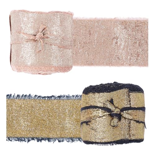 2 Rolls Hot Stamping Velvet Ribbon 2 Kleuren Velvet Edge Libbons Vintage Chiffon Ribbon Velvet Gevroren Libbons voor Gift Bouquet Wrapping Party Decoration