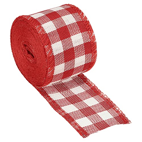 6 inch breed 6.5m polyester gingham lint bedraad rand lint, 1 verpakking voor Kerstmis decoratie verpakking rood en wit