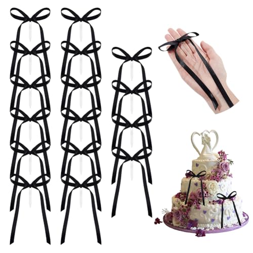 16 st. Zwarte Bow Ribbon Cake Toppers, Decoratieve Bow Cupcake Toppers met Acryl Sticks voor Cake Supplies Verjaardag bruiloft Graduation Party Decoraties, 17×12cm