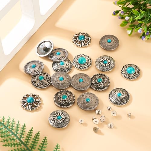 18 Sets Turquoise schroef terug Rives Leather Rivet Antique Silver Button Decoratieve Stud Rives voor Portemonnee Handtas Schoenen Leather Craft Kleding Belt 5