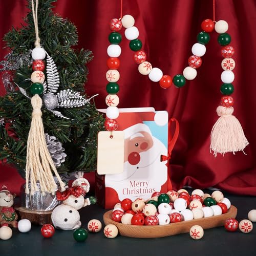 140 st Geschilderd hout Ronde kralen met sneeuwvlok patroon 7 stijlen Groot gat Natural Houten Spacer Losse kralen voor Macrame ambachten DIY Sieraden maken van thuisfeest decoratie