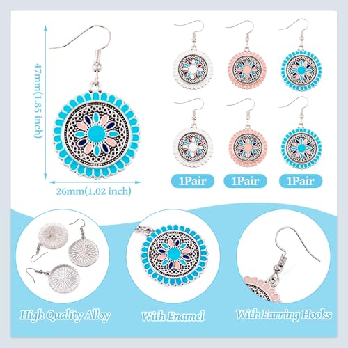 3 Kleuren Boheemse bloem Enamel Oorbellen Classic Retro Floral Dangle oorbellen Flat Ronde Vintage Kleurrijke Charms voor vrouwen Verjaardagsfeest Cadeau, Legering Staal, Legering Staal 3