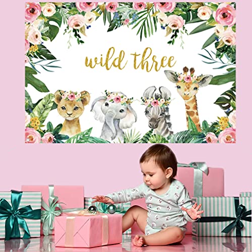 Safari Wild Drie achtergrond Safari Dier 3e Verjaardag Party Backdrop Jungle Meisje 3e Verjaardag Party Decoratie Fotografie Achtergrond Verjaardag Poster, 150cm x 90cm 5