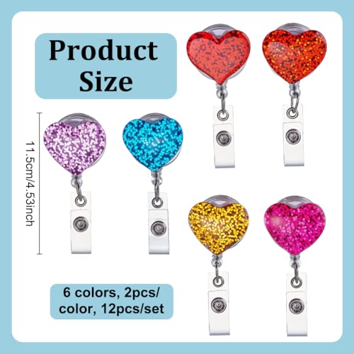12 stuks 6 kleuren intrekbare badge-rollen, ID-badhouder met bling hart ontwerp, glitter badgeclip voor verpleegkunde, artsen, werknemer naamplaat, 11,5 cm