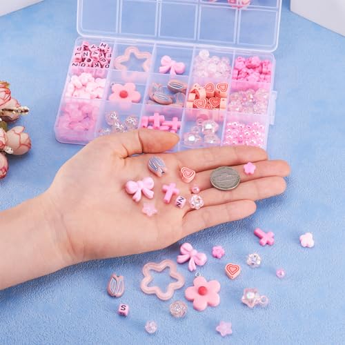 225 Stuks verschillende acryl kralen en bedels sieraden maken Kits Kubus brief kralen bloem vlinder kruis Bow Spacer kralen Bulk voor DIY armband sieraden maken, Roze 5