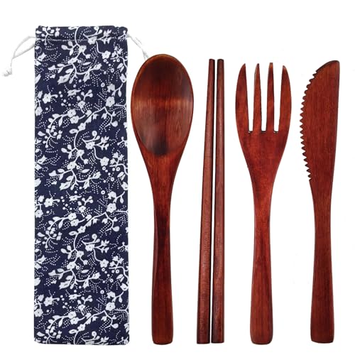 Houten bestek Set voor kinderen, 4-Piece Herbruikbare en draagbare houten tafel Bestek met 1 Lepel, 1 vork, 1 Baguette, 1 mes en zak