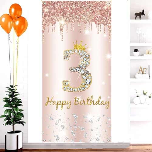 3rd Birthday Girl Decoration, Happy 3rd Birthday Deur Banner Rose Gold, 3rd Birthday Fabric Sign Poster Deur Decoratie, 3rd Birthday Achtergrond Banner, Birthday Party Welkom Sign 5