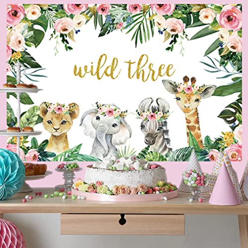 Safari Wild Drie achtergrond Safari Dier 3e Verjaardag Party Backdrop Jungle Meisje 3e Verjaardag Party Decoratie Fotografie Achtergrond Verjaardag Poster, 150cm x 90cm 4