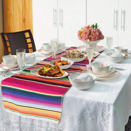 Zee Mexicaanse zijde sjaal Tafelkleed 14 X 84 Inch Mexicaanse partij bruiloft decoratie picknick tafel buiten, tassels katoen handgeweven tafelkleed 5