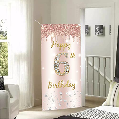 6.Birthday Decoration voor meisjes,6th Birthday Door Decoration,Rose Gold,Fabric Teken 6th Birthday by Hanging Poster,6th Birthday Achtergrond Banner Party Welkom Teken 4