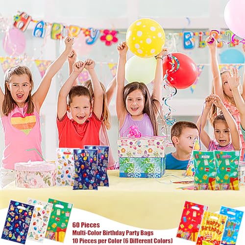 60 stuks Multicolor Verjaardagsfeesttassen, Plastic Goodie Favor Bag leuke meisjes en jongens verjaardag feest leveringen voor Goodie Sweets Treat Candy Present Cookies, 6 stijlen 3