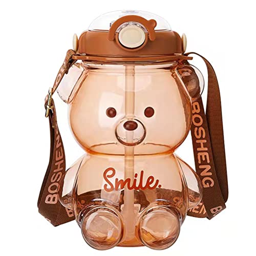 Waterfles voor kinderen, Drinkfles met stro, Kawaii Bear Waterfles Portable Cartoon Kids Waterfles met verstelbare schouderband voor buiten reizen