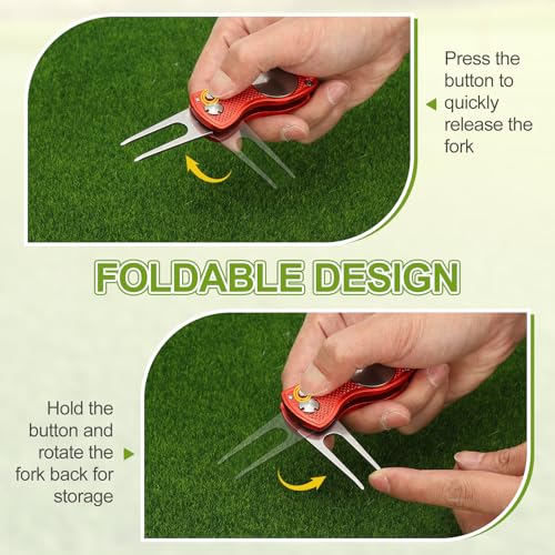 Golf divot reparatie gereedschap Vouwbare metalen golf Green divot gereedschap met magnetische bal Marker en roestvrij stalen vork 4