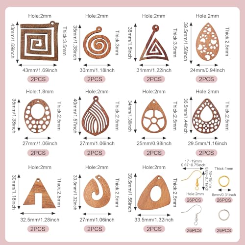 22 st. Natuurlijke houten bedeltjes Teardrop Oval Rhombus Dangle Charms Bruin Houten Hangers met Jump Rings Oorbellen Hooks voor Craft Ketting sieraden armband DIY, Hout, geen edelsteen 5