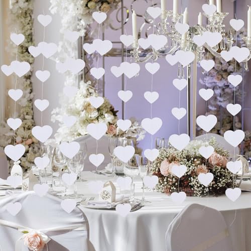 52Ft White Heart Garland, Valentijnsdag feest decoraties bruiloft hangende decoratie Tinsel Streamer Banner voor verjaardag bruidsdouche engagement bachelorette galentines