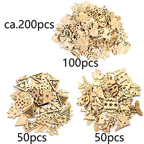 Verpakking van 200 Mini houten decoraties Hangers voor kerstboom, kerstman, sneeuwvlokken, houten schijven voor ambachten (Natuur)