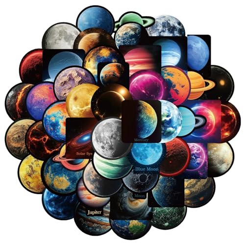 Planet Stickers voor jongeren en volwassenen, 50 stuks, vliegtuig, zonnitelsel, vinyl stickerset, auto, motorfiets, fiets, skateboard, snowboard, bagage, laptop, koffer, roer, motorfiets, computer