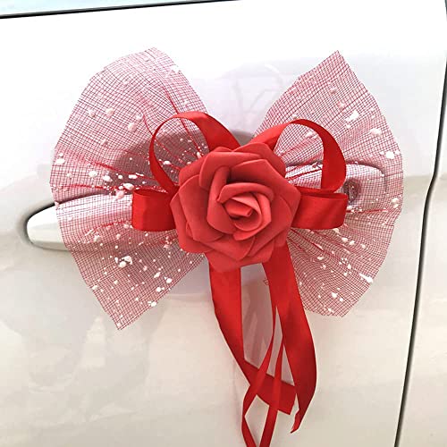 4 Stukken Auto Decoratie Bruiloft Auto Decoratie Rozen Bloemen Decoratieve Bow klaar gemaakt Bow Car Bows Antenna Bows voor bruiloft Decoratie Achterzicht Spiegel Deur Handvat Decoratie Bloemen Rood
