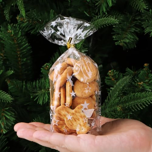 100 stuks 16 x 9 cm kerst cellofaan snoepzakken, kerstster holdere traktatie zoete goody zakken met gouden twist stropdas voor winterkerstfeest verjaardagen 5