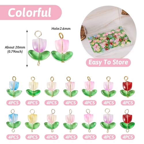 56 Stuks Bloemglas Bedels Tulpen Bloemen Transparante Connector Bedels Crystal Kleurrijke hangers Hang Ornament Bulk voor sieraden Craft Ketting Keychain armband DIY Vrouwen oorbellen, Glas 5