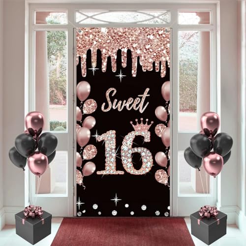 16e verjaardag decoraties voor meisje, gelukkig 16 jaar oude stof sign poster roze gouden achtergrond deur Banner, 16e verjaardag partij levert foto achtergrond welkom sign, 180cmx90cm