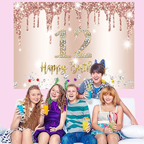 12e verjaardag meisje decoratie, twaalfde verjaardag Banner Rose Gold, gelukkig 12 verjaardag stof sign poster, 12e verjaardag achtergrond Banner meisje verjaardag partij decoratie 3