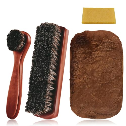 4PCS Schoenborstels Set, Soft Horse Haarborstels Penselen met Poolse Handschoen en Wiser, Stof Brush Schoen Polishing Applicators Lederen Schoonmaak Buffing voor laarzen Zitplaatsen