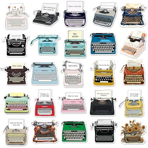 Typeschrijver Stickers voor tieners en volwassenen, 50 stuks, Retro Typewriter, Waterdichte Vinyl Sticker Set, Auto, Motorfiets, Fiets, Skateboard, Snowboard, Bagage, Laptop, Koffer, Helm, Motorfiets 3