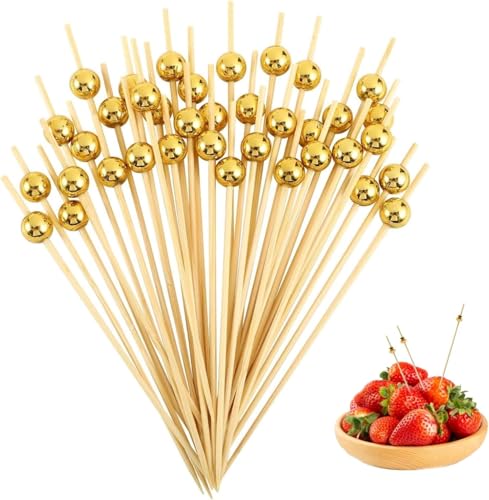 Verpakking van 100 Gold Pearl Cocktail Skewers, 12 cm Finger Food Skewers, Houten Skewers voor snacks Finger Food, Interessante Fruit Skewers, Gold Ball Decorations, Cheese Skewers, voor Finger Food, Fruit
