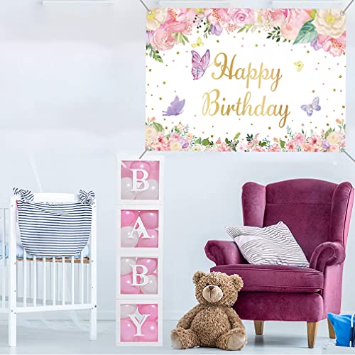 Verjaardag Decoraties voor meisjes/vrouwen, Achtergrond Banner Stof Tekenposter, Bloemen en Vlinder Achtergrond 1e 2e 3e 4e 5e 5e 6e 10e Verjaardag Partij Supplies Welkom Teken, 150cmx90cm 5