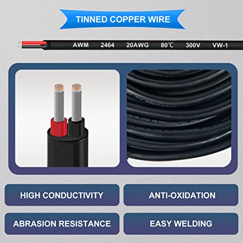 20 AWG elektrische draad, 2 x 0,5 mm2, 20 Gauge, 300 V, 2 Wire Tinned Koper Kabel met PVC, 10 Metres, Flexibele Kabel voor Auto, LED Strips met 10 stuks Heat Shrink Tubing 3