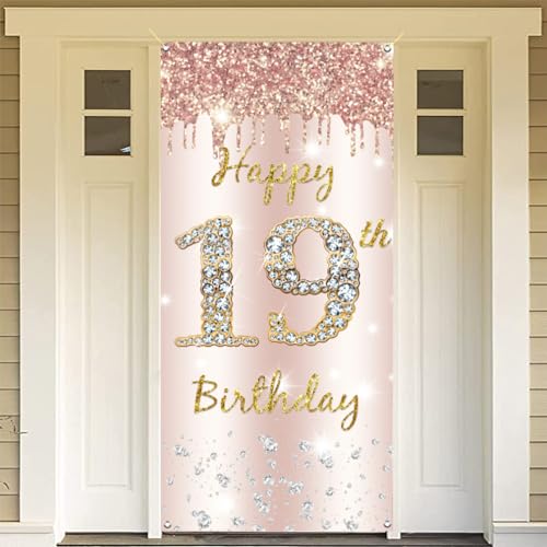 19e verjaardag meisje decoratie, deur decoratie rozengoud, stof tekenen 19e verjaardag door hangen poster, 19e verjaardag achtergrond Banner Party welkom tekenen 3