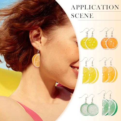6 paar 3D Fruit oorbellen voor vrouwen Oranje citroen lime drop bengelen oorbel imitatie voedsel hars sieraden voor mode ambachtelijke verjaardag partij accessoire, 46-60mm lang, hars metaal, Geen edelsteen 3