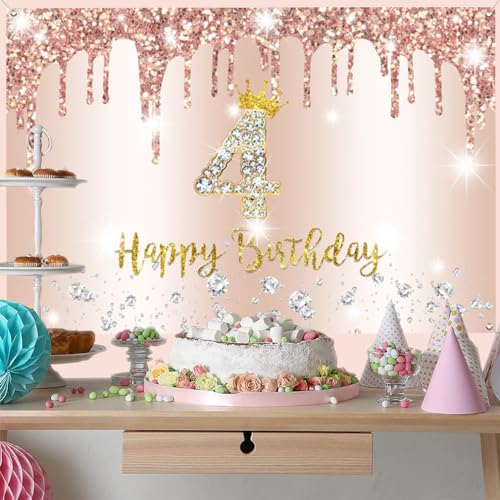 4e verjaardag meisje decoratie, 4e verjaardag banner roségoud, Happy 4e verjaardag stoffen bord poster, 4e verjaardag achtergrond banner meisje verjaardagsfeest decoratie, 150 cm x 90 cm 5