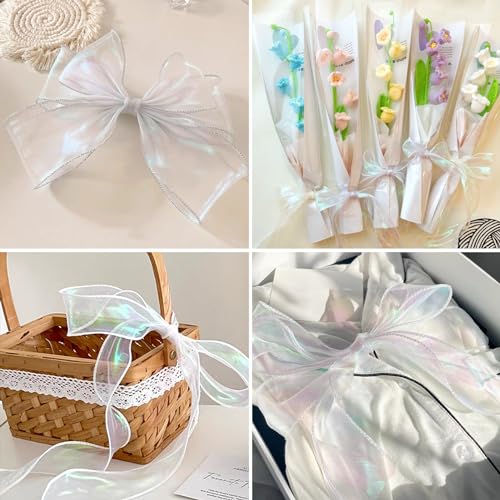 3 Rolls Iridescent Ribbon 60mm Glittering Translucent Wired Organza Libbons White Decorative Ribbon voor het omwikkelen van kleding Bow bruiloft boeketten decoratie 4