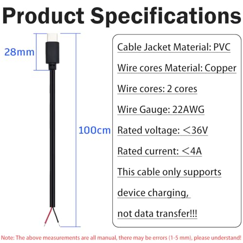 USB C Pigtail 2 Draadkabel, type C Man Draadkabel 22AWG & Adapters 5 Kit, DIY Pigtail Open End Power Cable 1M/3Ft (alleen voor oplaadapparaten)