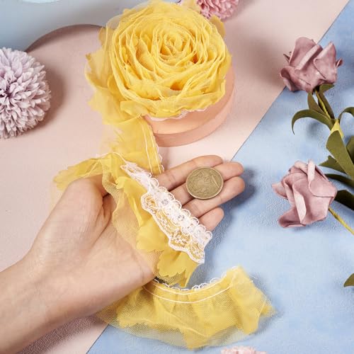 2-laags Lace Trim Polyester Chinlon Pleated Lace Ribbon 2M Gouden Ruffles Lace Broderie Anglaise Trim voor jurk Bruids Ribbon Sew On Applique Cloth, Gold 5