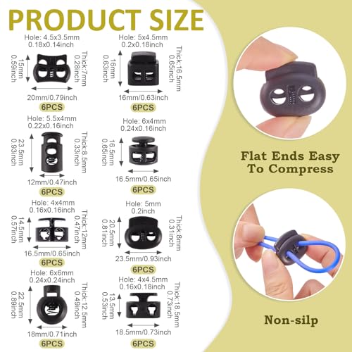 48st Cord Locks Spring Tumble Black Plastic Cord End Locks 8 Styles Legering koord Schakel Ends Sluiting Knoppen Rocker Sliders voor Trekkoord Rugzak Schoenacee 4
