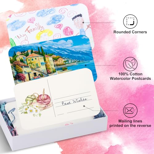 60 Vellen Aquarel ansichtkaarten, 100% Katoen 100 x 15cm Blanco afgeronde hoeken Aquarelpapier Postkaarten Koud geperst voor het versturen van kunst Schilderen Tekenen, 150 lbs/300g/m2 (Witte doos) 3