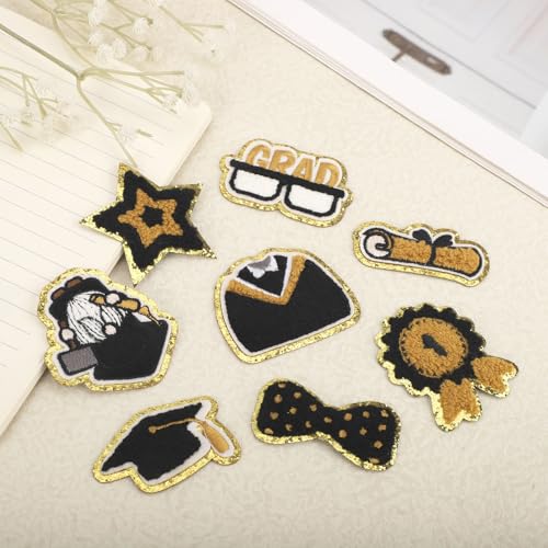 8 st Geborduurde afstudeerpatches, 8 stijlen Cute Strijken Appliqué Patches voor kledingmutsen Jeans Coats Afstudeercaps en jurken (zwart en goud) 3