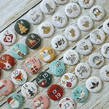 Set van 2 Advent Calendar Numbers, Knoppen Nummer 1-25 voor de kerstkalender DIY ambachten voor Jute Bags, Pins (Kleurrijk Goud) 3