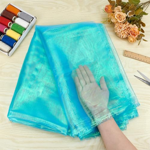 Organza Stof 3,28 Yards 1,5 m brede lange bruid Solid Organza Stof Magic Gradient Organza Polyester Stof Iridescent Holografische Mesh Stof voor Dress Performance Stage, Deep Sky Blue 3