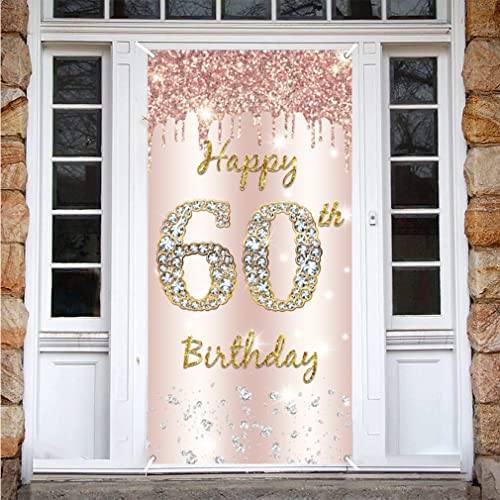 60e verjaardag vrouwen decoratie, gelukkig 60e verjaardag deur Banner Rose Gold,60e Verjaardag Stof Tekenposter Deur Decoratie,60e verjaardag achtergrond Banner Vrouw,Voegfeest Welkom Teken