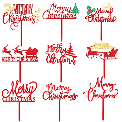 9 stuks Kersttaart decoratie set acryl rood Vrolijk kersttaart toppers met verschillende patronen cake tops Kersttaart topper taart stok Kersttaart decoratie voor Kerstmis feest etc
