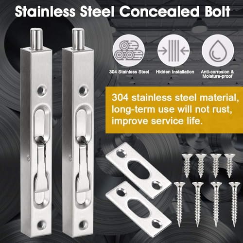 Deur Bolt Schuifslot, Zilver Roestvrij staal Verborgen Countersunk Locking Home Gate Door Security Fittings (200mm) 3