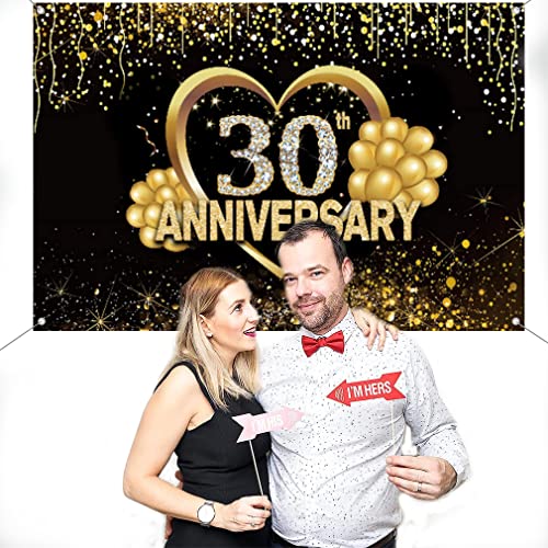 Happy 30th Anniversary Decoration Banner, 30th Bruiloft Anniversary Party Supplies Fabric Sign Poster, Black and Gold Achtergrond Decor Photo Achtergrond Welkom Sign, 150cmx90cm 5