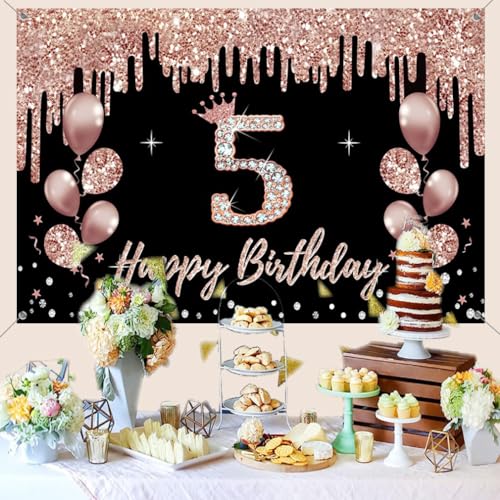 5e verjaardag decoraties voor meisjes, feest decoratie zwart en roos goud, 5e verjaardag stof teken opknoping poster, 5e verjaardag achtergrond banner partij welkom teken 5