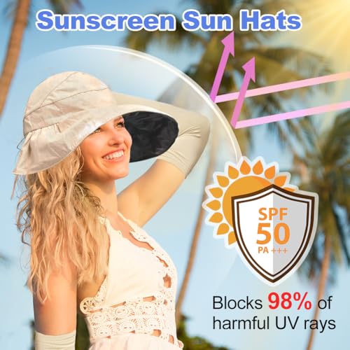 Brede zonnehoeden voor vrouwen met mouwen, opvouwbare zomerhoed voor reizen en UV-bescherming handschoenset, lichtgewicht Travel Accessoires voor buitenactiviteiten, Beige, One Size, beige, One size 3