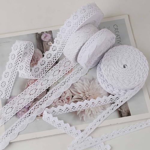 Lace Band 30 Meters White Lace Band Cotton Vintage siergras haak Lace decoratief Band Lace Stof voor het naaien van ambachten bruiloft decoratie (White-5 Roll)